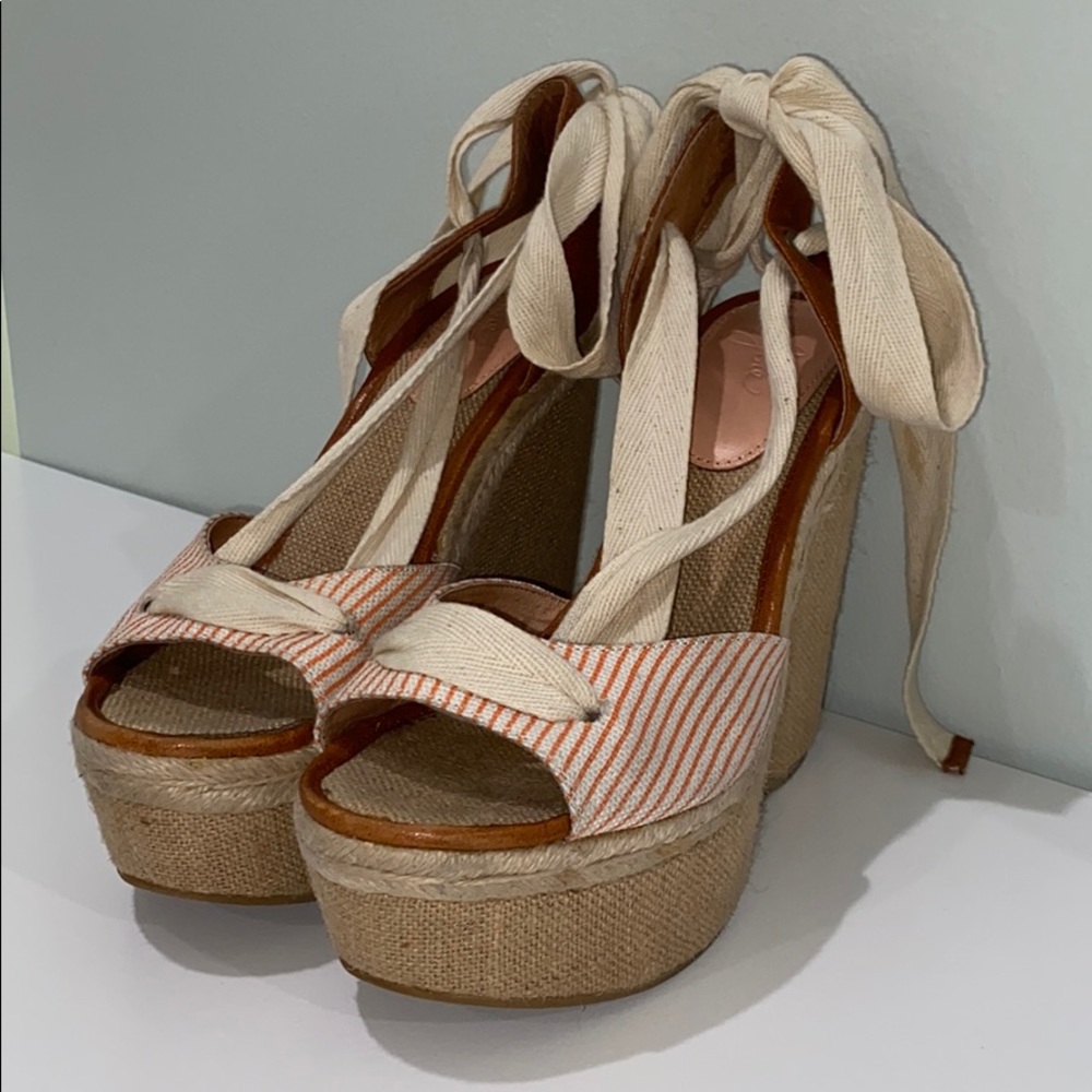 Joie pink and tan canvas wedges